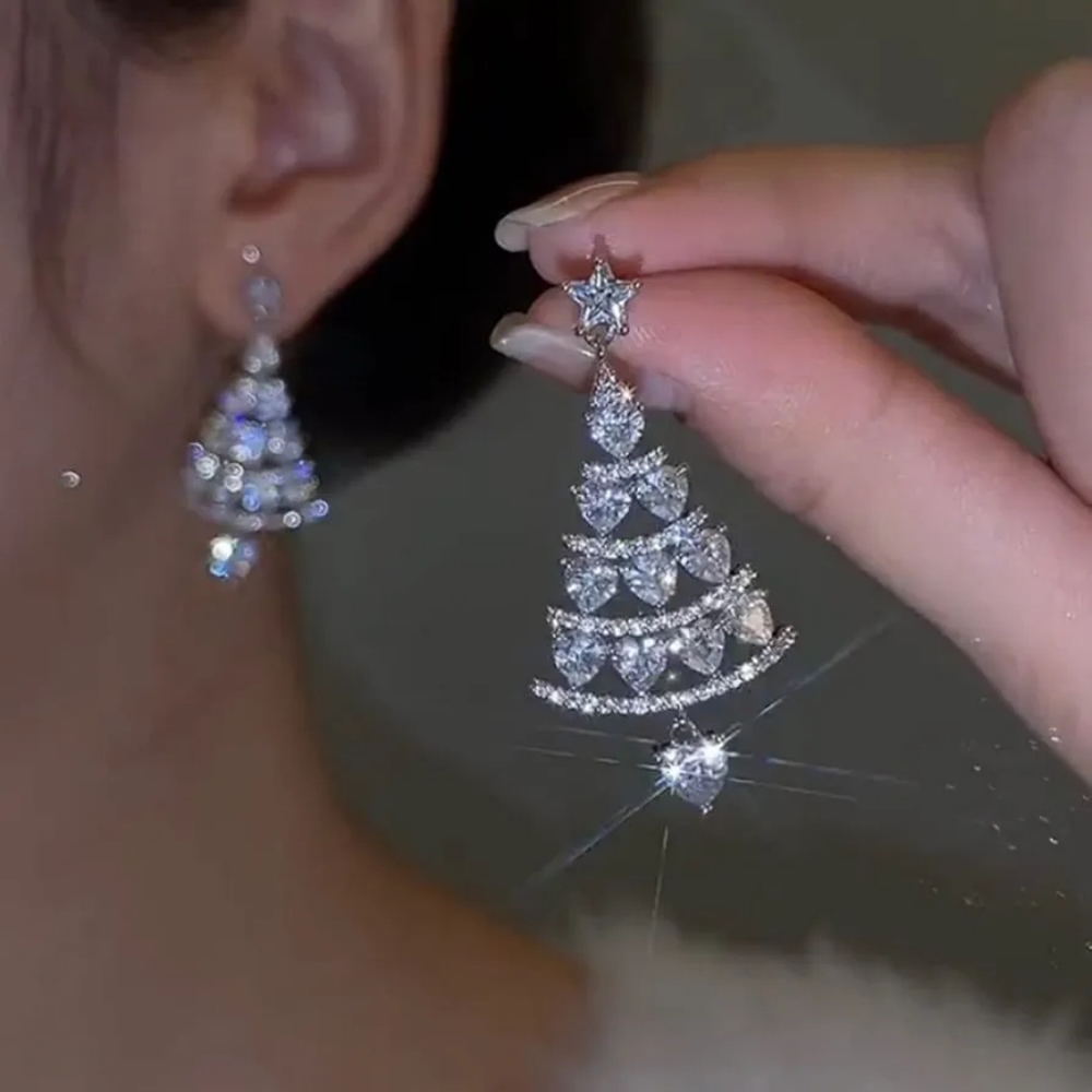 Silver Blingy Christmas Tree Dangling Earrings, Zircon crystal gemstones
